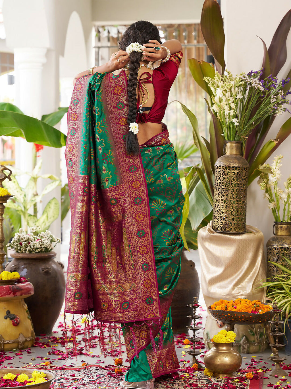Green Soft Silk Saree with Contrast Maroon Blouse Piece