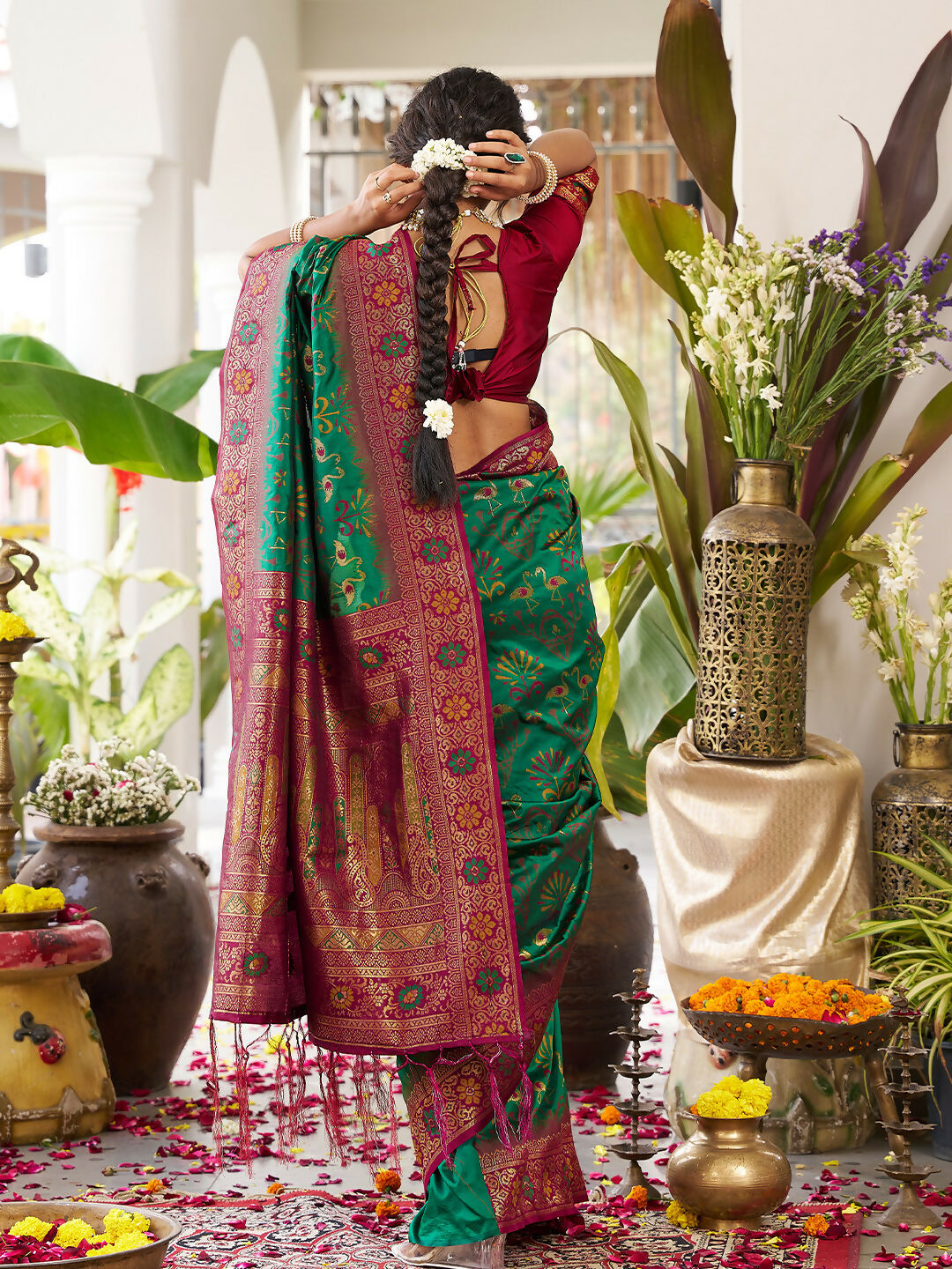 Green Soft Silk Saree with Contrast Maroon Blouse Piece