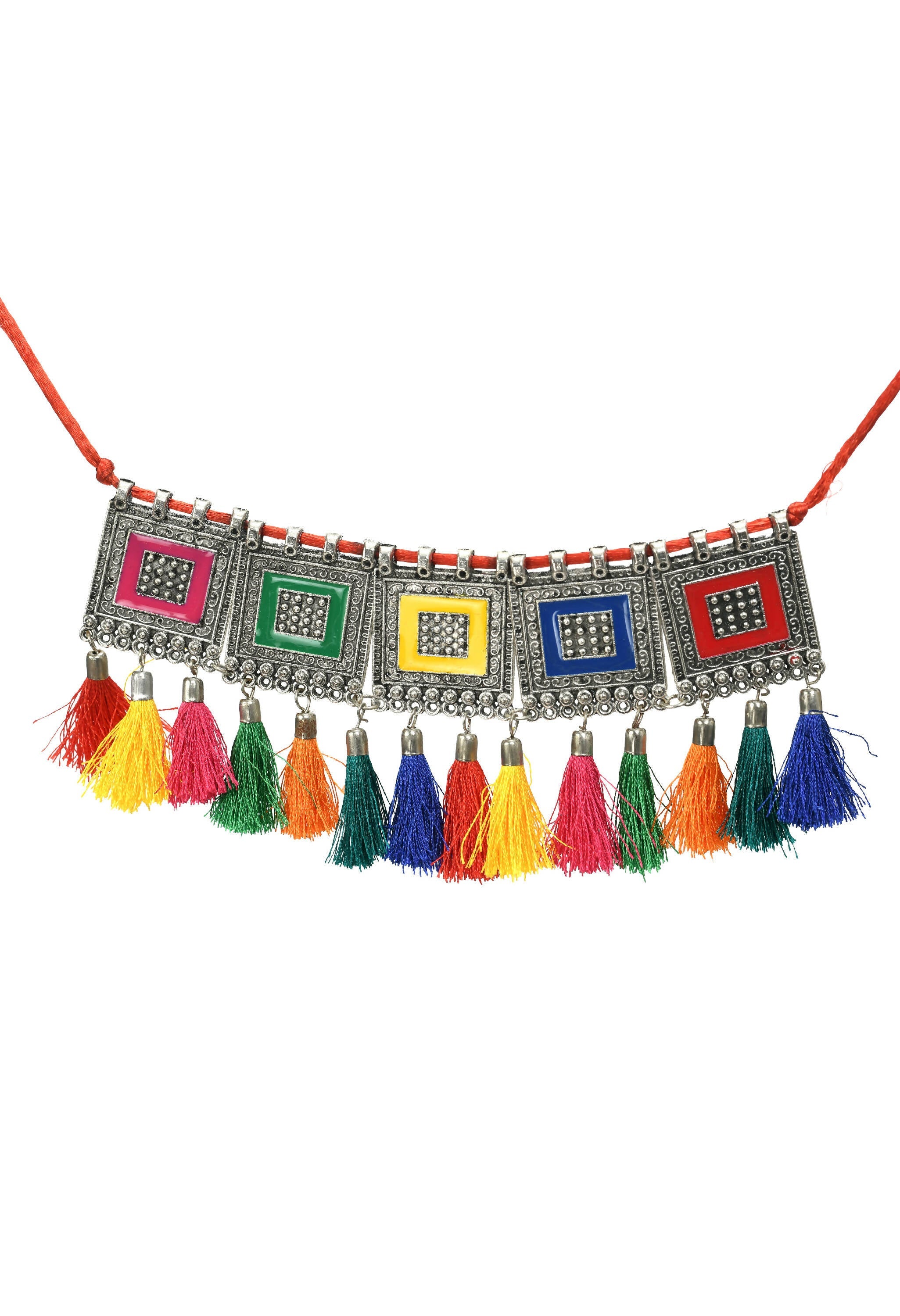 Multi-Color Oxidised Silver-Plated Brass Tassel Choker