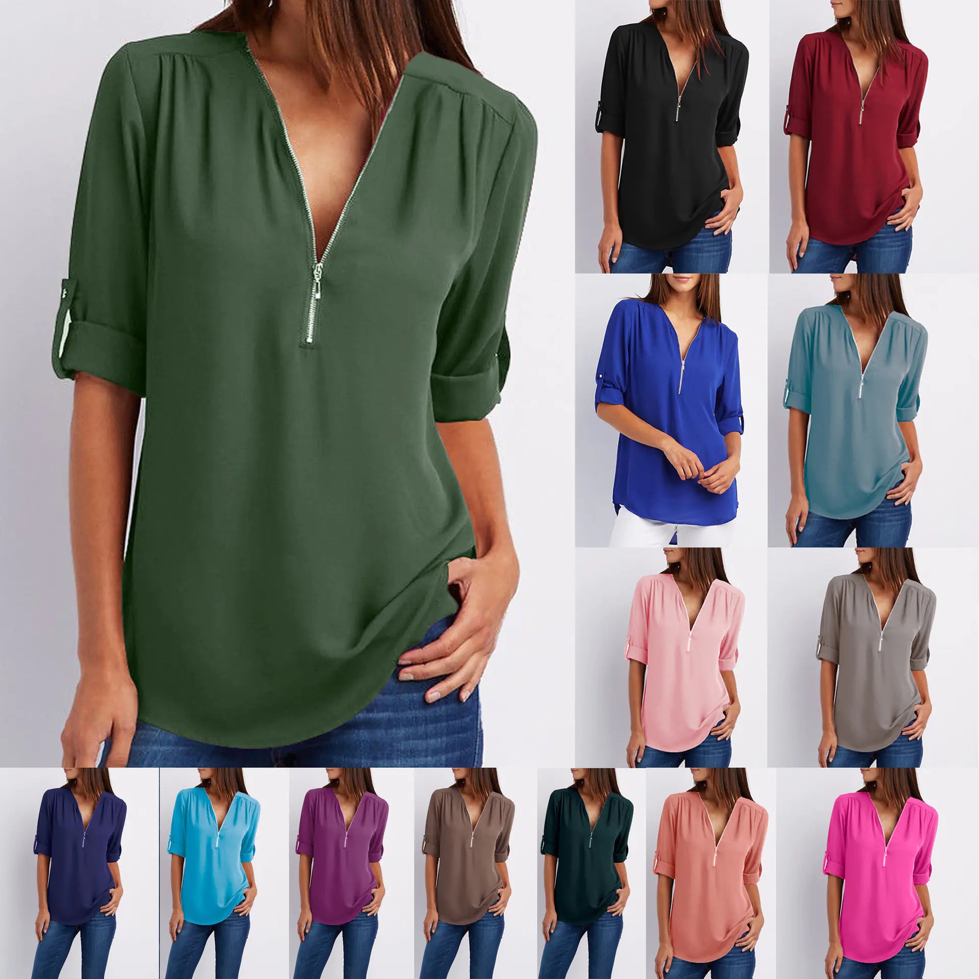 Women's Plus Size V-Neck Zip Chiffon Shirt