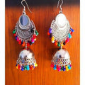 Silver oxidized mirror jhumki earrings with multi-color beads and tassels