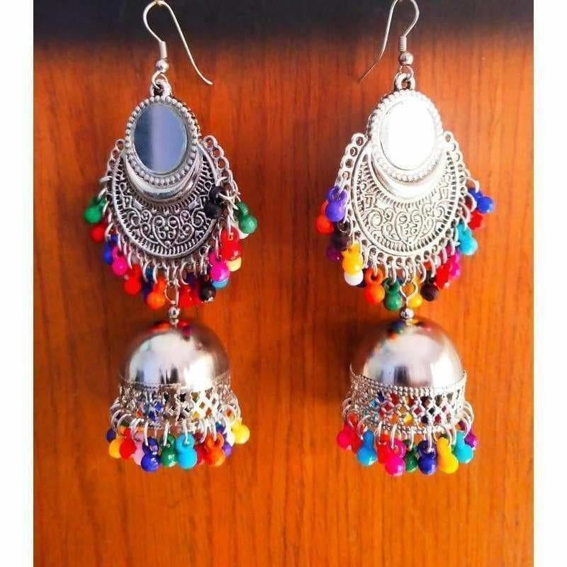 Silver oxidized mirror jhumki earrings with multi-color beads and tassels
