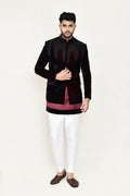 Maroon satin silk open prince coat with matching kurta and pants for men
