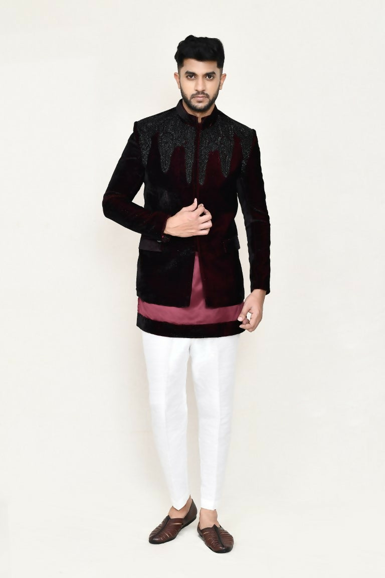 Maroon satin silk open prince coat with matching kurta and pants for men