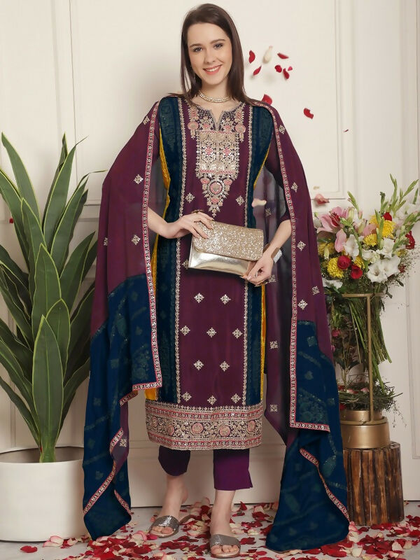 Magenta Chinon Chiffon embroidered straight kurta paired with muslin pants