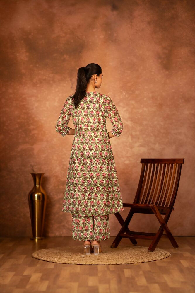 Green Hand Block Printed Cotton Suit Set for Women