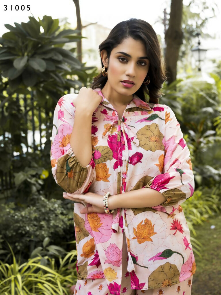 Multi Muslin Cotton Co-ord Set with Floral Print and Collared Top