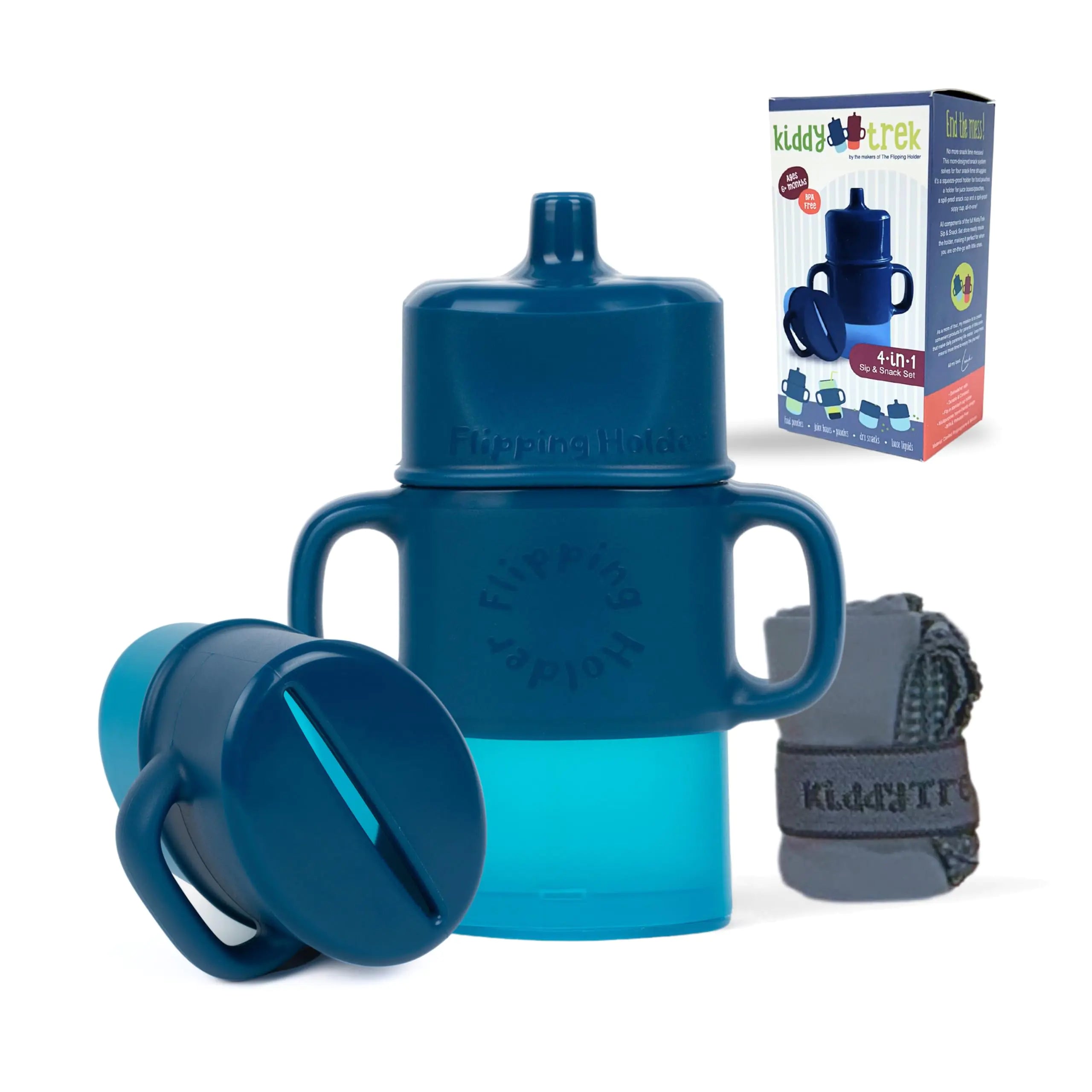 Flipping Holder 4-in-1 Sip & Snack Set - Travel Food Pouch Holder Juice Box Holder Snack Cup and Sippy for Babies Toddlers Kids
