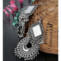 Oxidized silver half moon shaped earrings with mirror detail for traditional wear