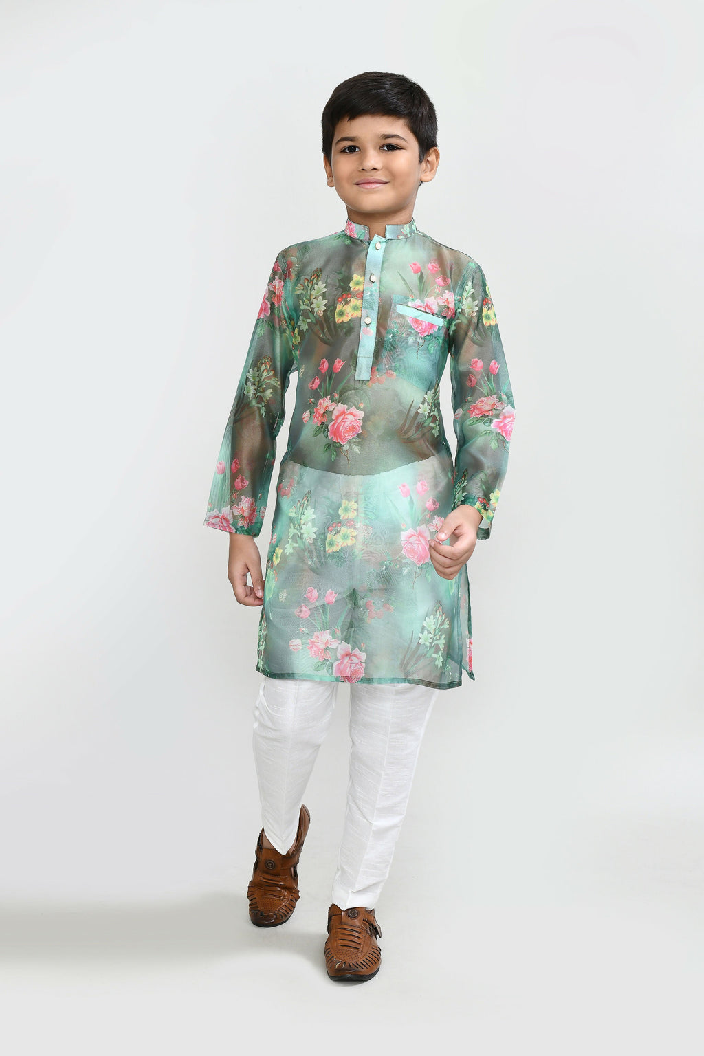 Kids Floral Georgette Green Kurta with White Straight Fit Pants