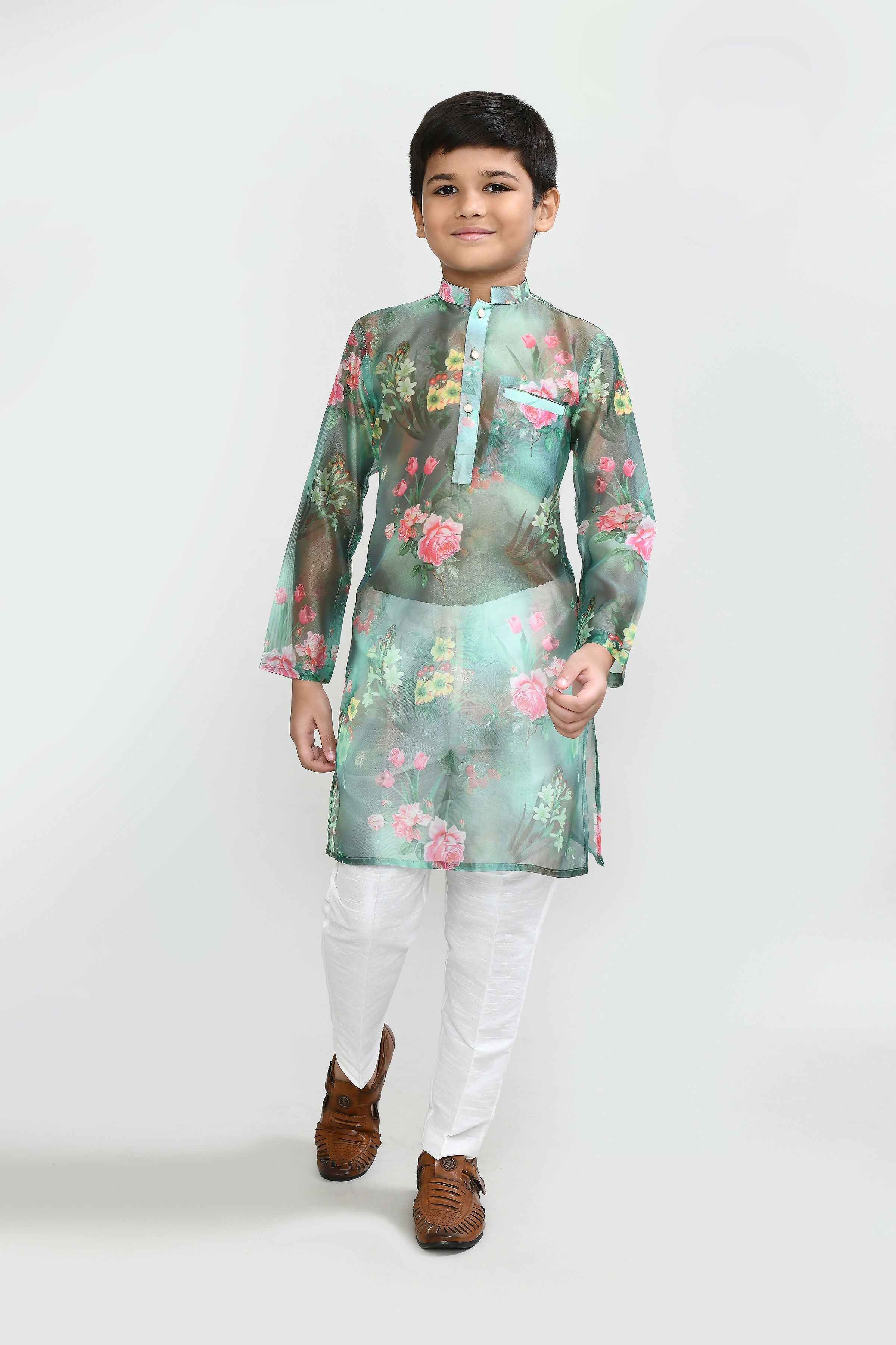 Kids Floral Georgette Green Kurta with White Straight Fit Pants