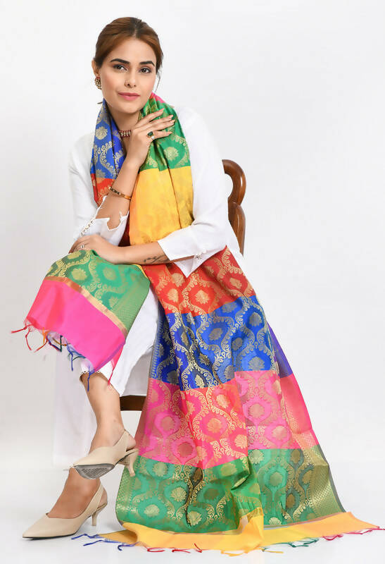 Banarsi Silk Floral Woven Dupatta - Elegant Multi-Color Stole