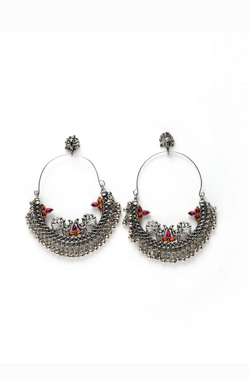 Silver-plated peacock Chandbali earrings with multi-color embellishments
