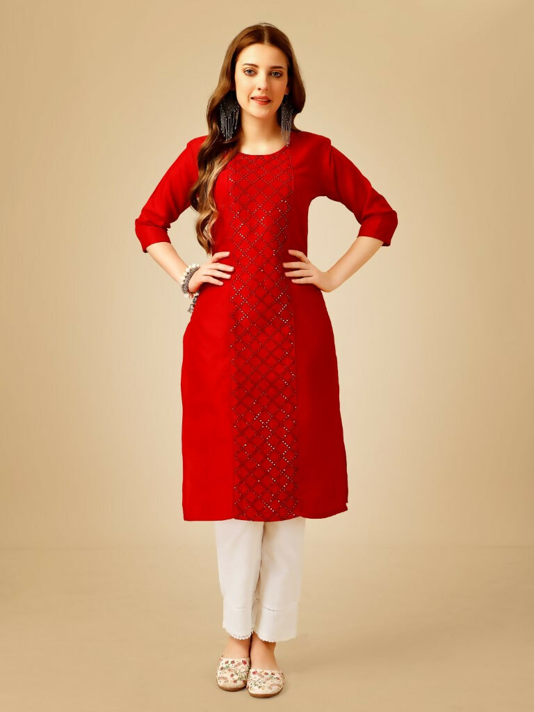Women's Red Cotton Blend Embroidered Kurta Pant Set