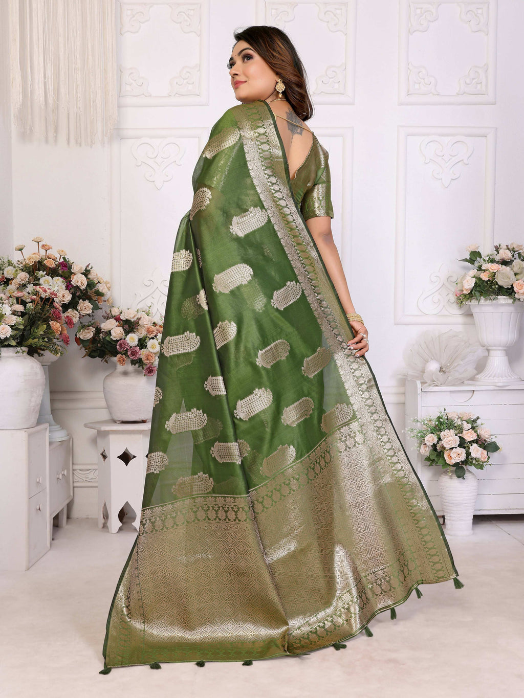 Mehndi Soft Organza Silk Saree with Intricate Weaving