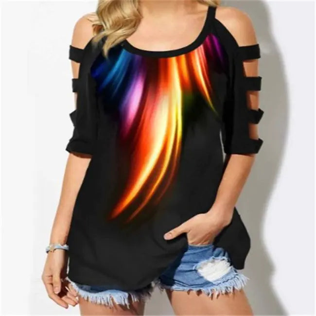 Women's Black Off-Shoulder T-Shirt with Rainbow Love Graphic - Image 7