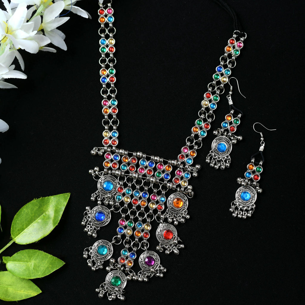 Multi Kundan Afghani Long Necklace in Oxidised Silver Finish