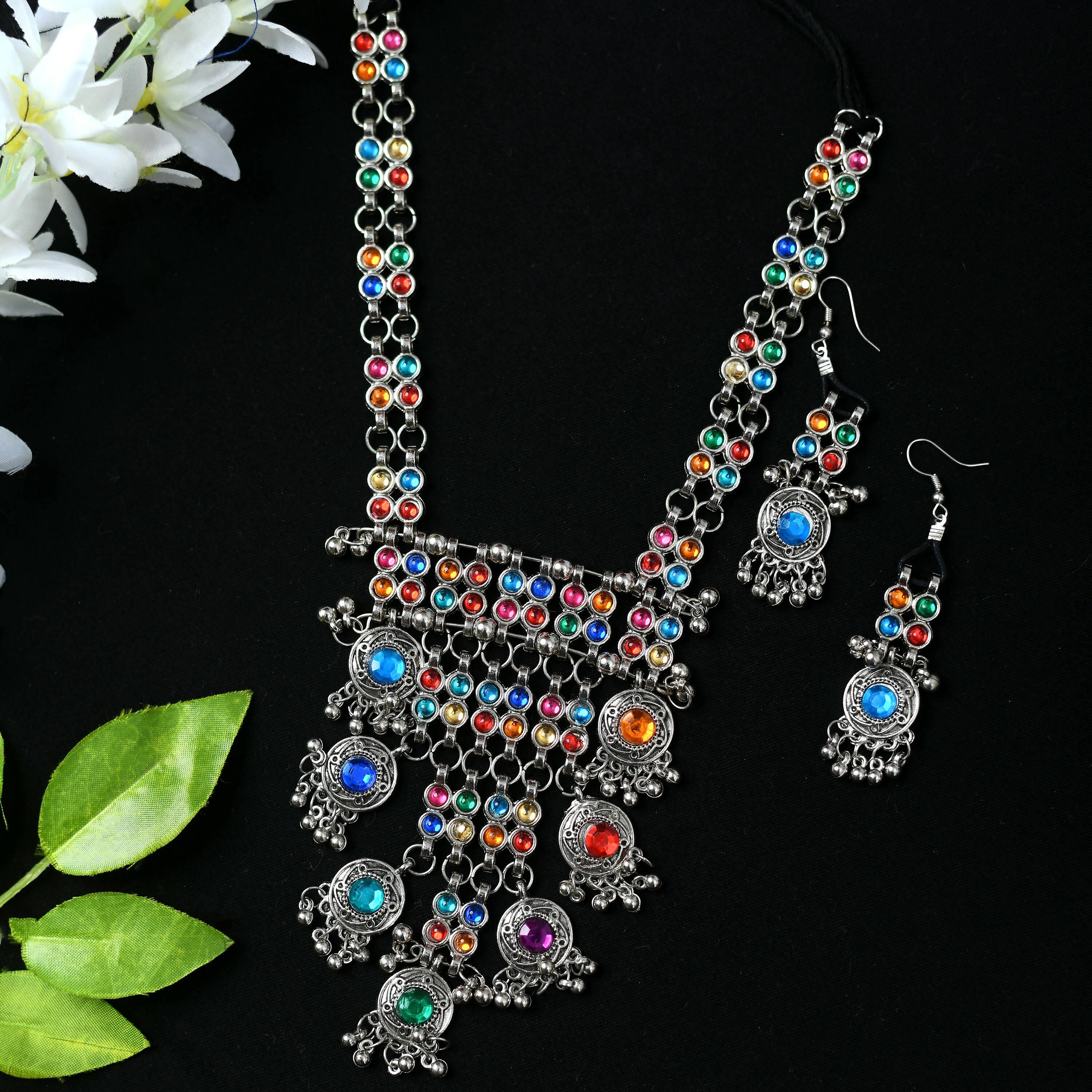 Multi Kundan Afghani Long Necklace in Oxidised Silver Finish