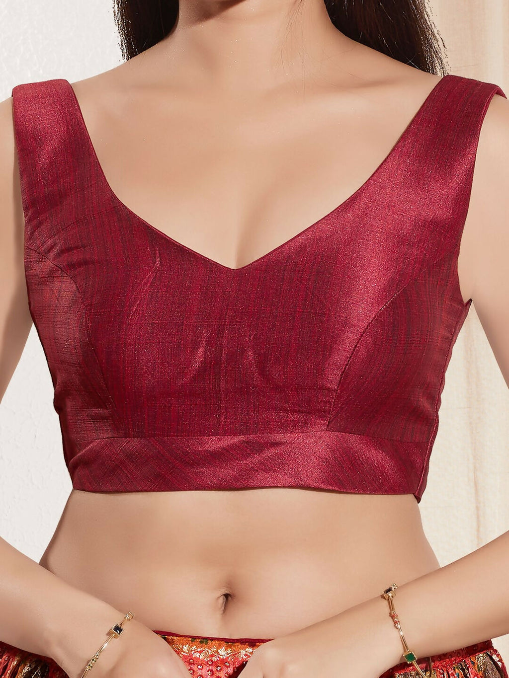 Dark Maroon Mulberry Silk Sleeveless Padded Round Neck Blouse
