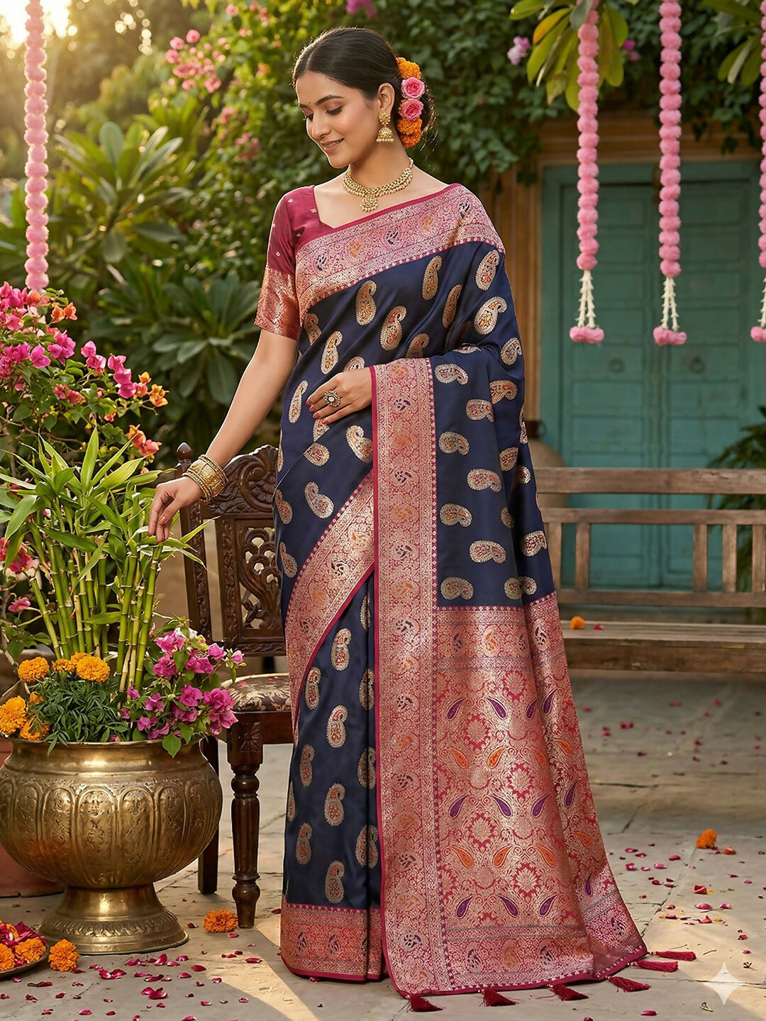 Sophisticated navy blue silk blend saree with matching blouse