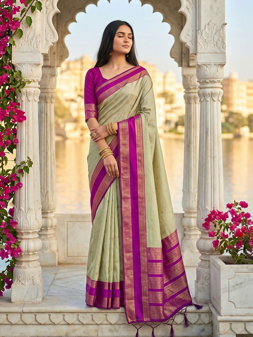 Chiku colored silk blend saree with elegant sheen and matching blouse fabric