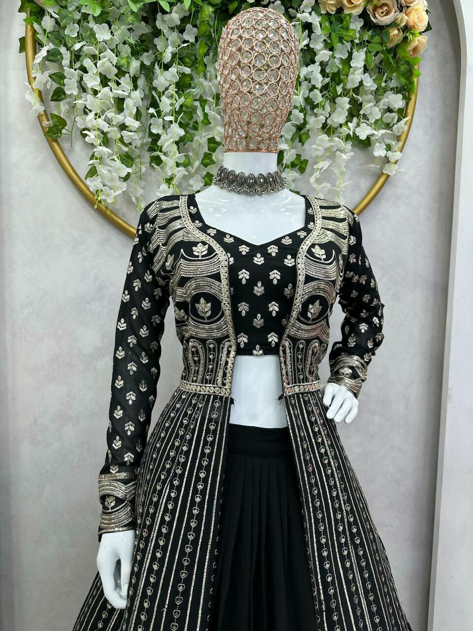 Black Faux Georgette Sequins Embroidered Lehenga Choli with Shrug