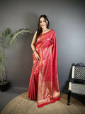 Red soft satin silk Kanchipuram saree with ornate floral and ethnic motifs.