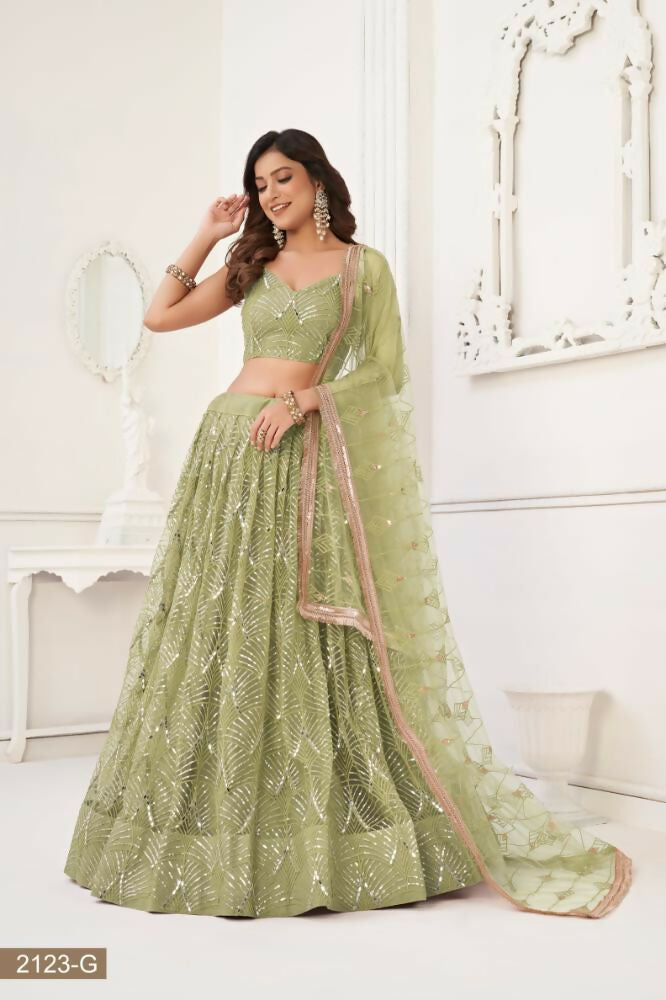 Pista Green Butterfly Net Lehenga with Mirror and Sequence Work