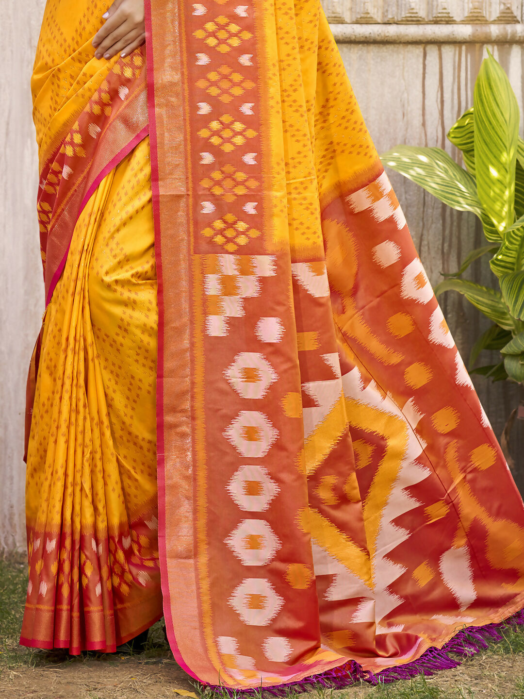 Yellow Pochampalli Silk Saree with Contrast Pink Blouse