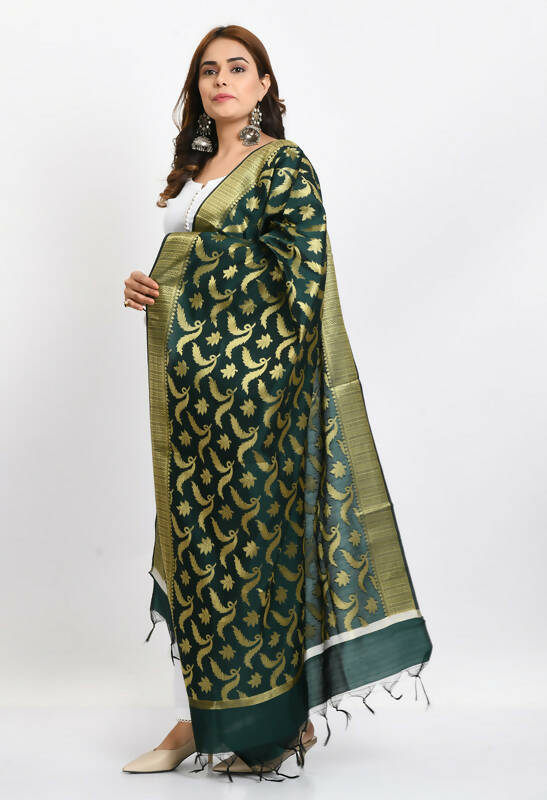Women's Bottle Green Banarsi Silk Floral Woven Dupatta