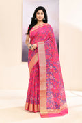 Pink embellished printed saree crafted from comfortable cotton blend fabric
