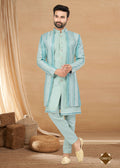 Men's sky blue heavy art silk indowestern set with straight kurta and matching jacket