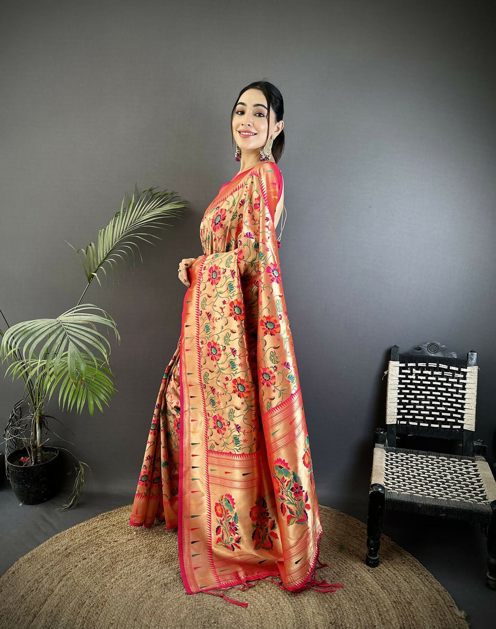 Rani Pink Floral Vine Pattern Soft Silk Paithani Saree