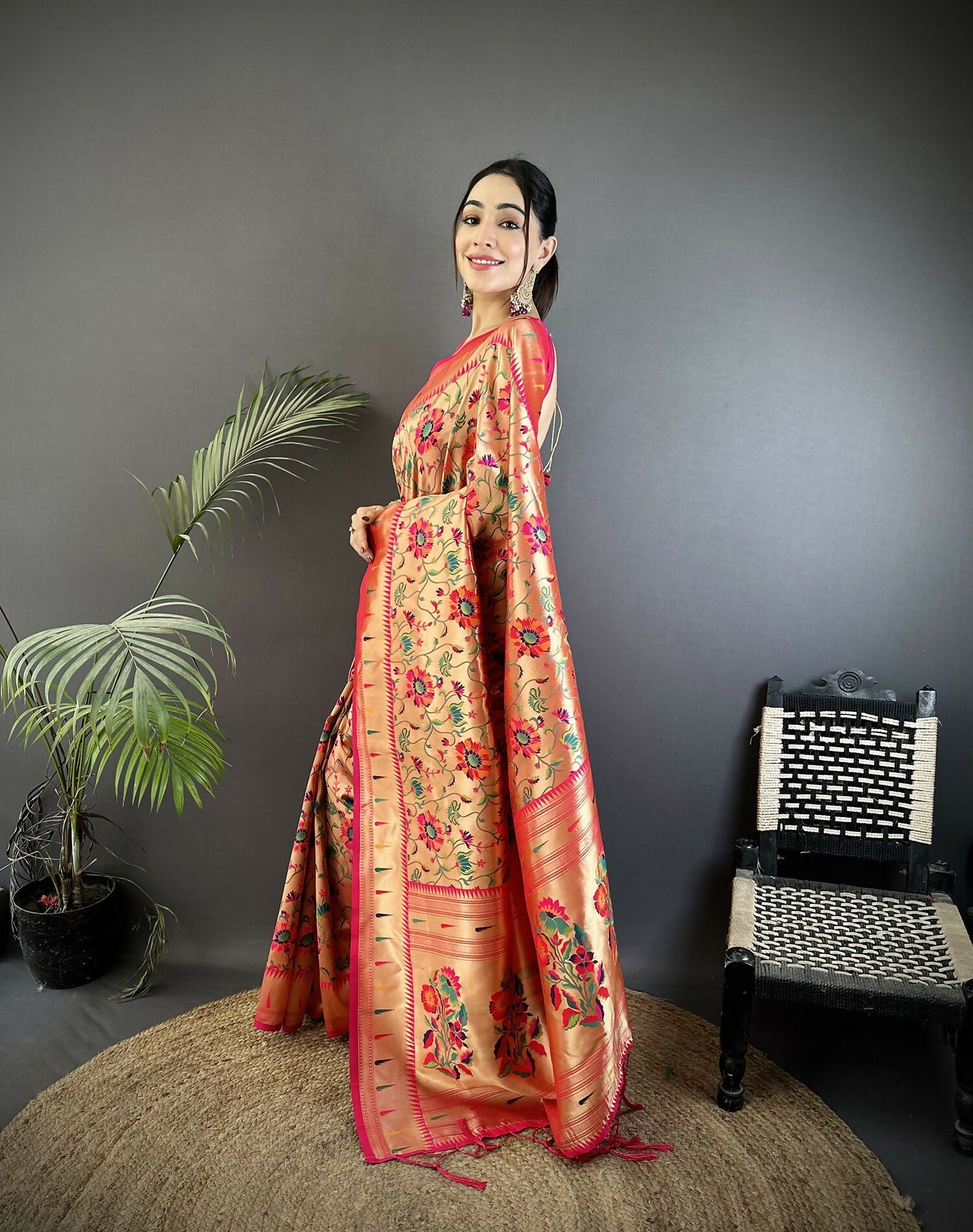 Rani Pink Floral Vine Pattern Soft Silk Paithani Saree