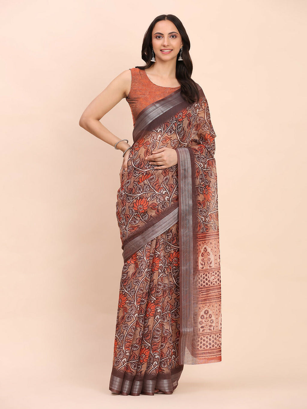 Linen Cotton Brown Saree with Orange Blouse