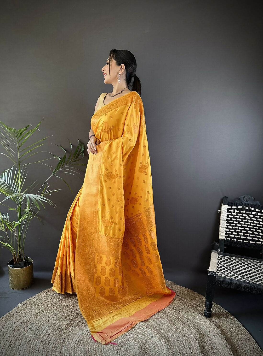 Banarasi Orange Woven Soft Silk Saree with Matching Blouse