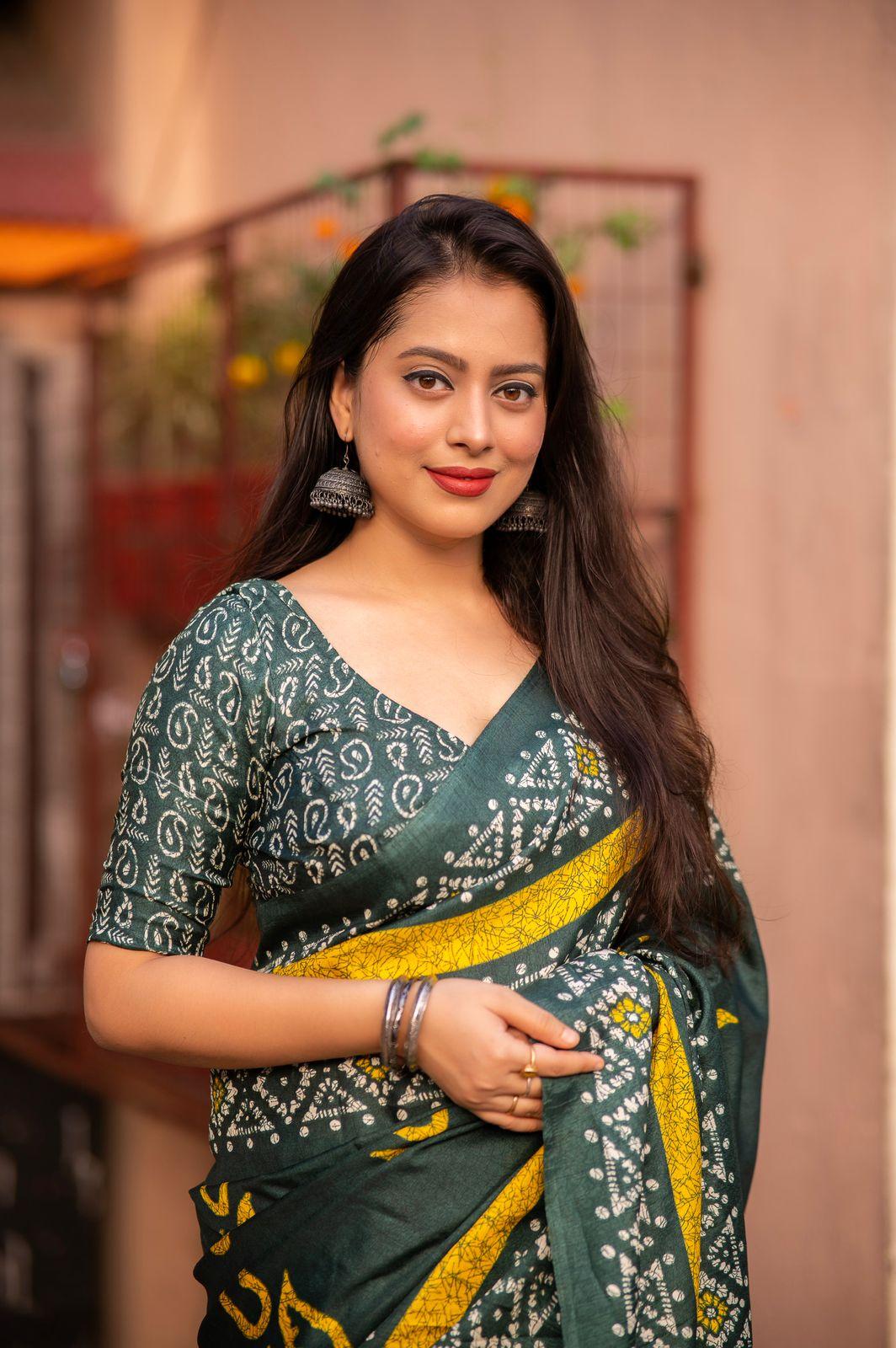 Green Silk Blend Batik Print Saree with Running Blouse
