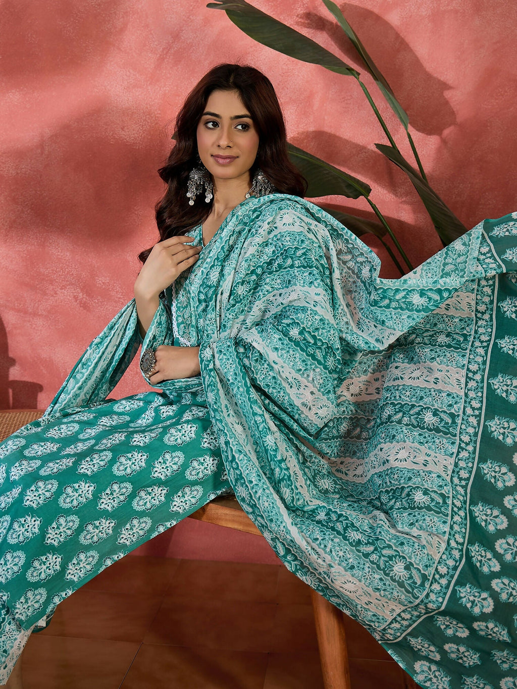 Teal Printed Pure Cotton Kurta Set for Women