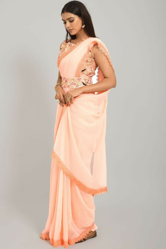 Peach Georgette Saree with GPO Lace Border and Blouse