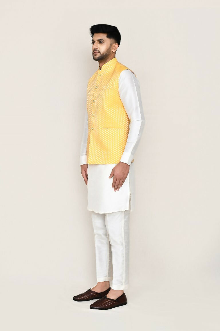 White Art Silk Kurta with Matching Jacket and Straight Fit Pant