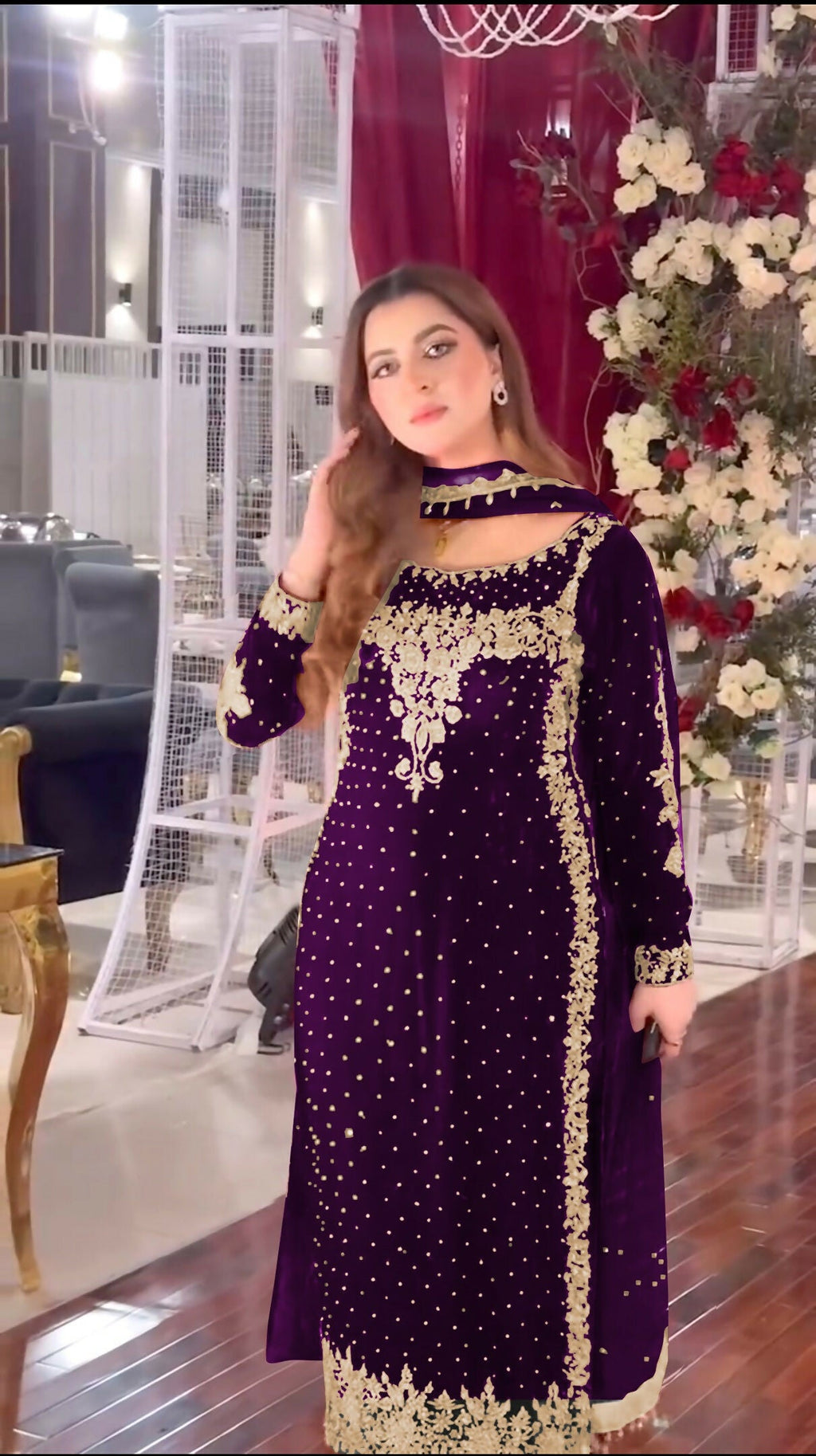 Joban Fashion Purple Velvet Sequence Embroidery Work Kurta Set