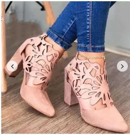 Women's Floral Cutout Thick Heel Sandals Pointed Toe Shoes - Image 19