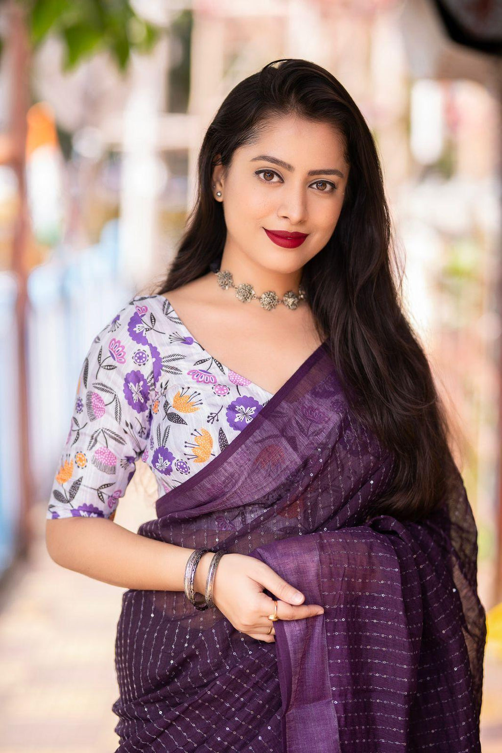 Purple Linen Sequence Saree with Unstitched Blouse - Hiral Fashion
