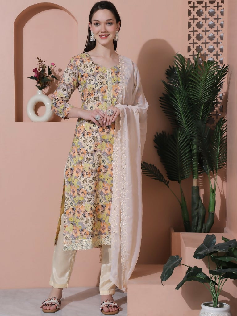 Multicolor floral cotton straight kurta set with matching trousers and dupatta