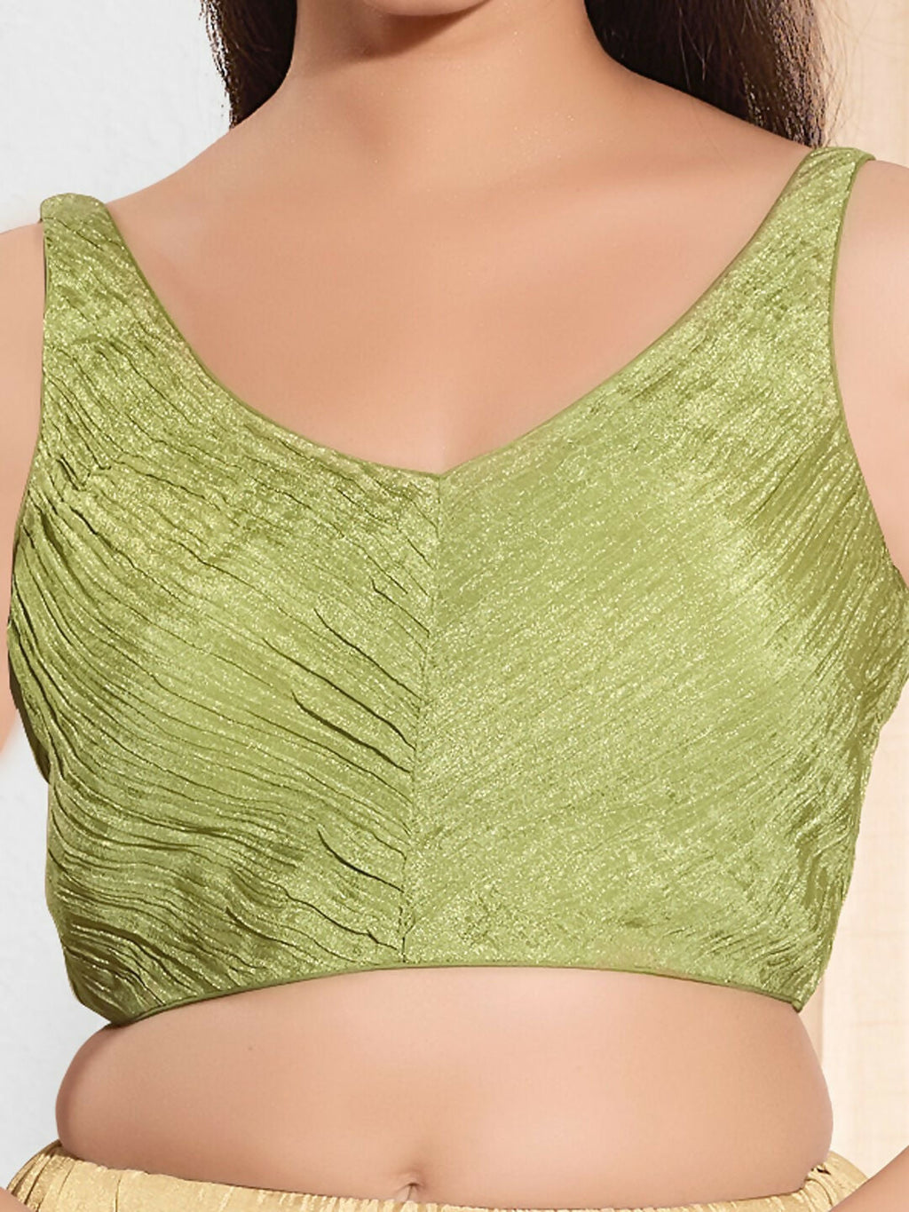 Joban Fashion Mehendi Green Tissue Padded Blouse With Sweetheart Neck Sleeveless