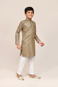Gold satin cotton kurta with white straight fit art silk pant