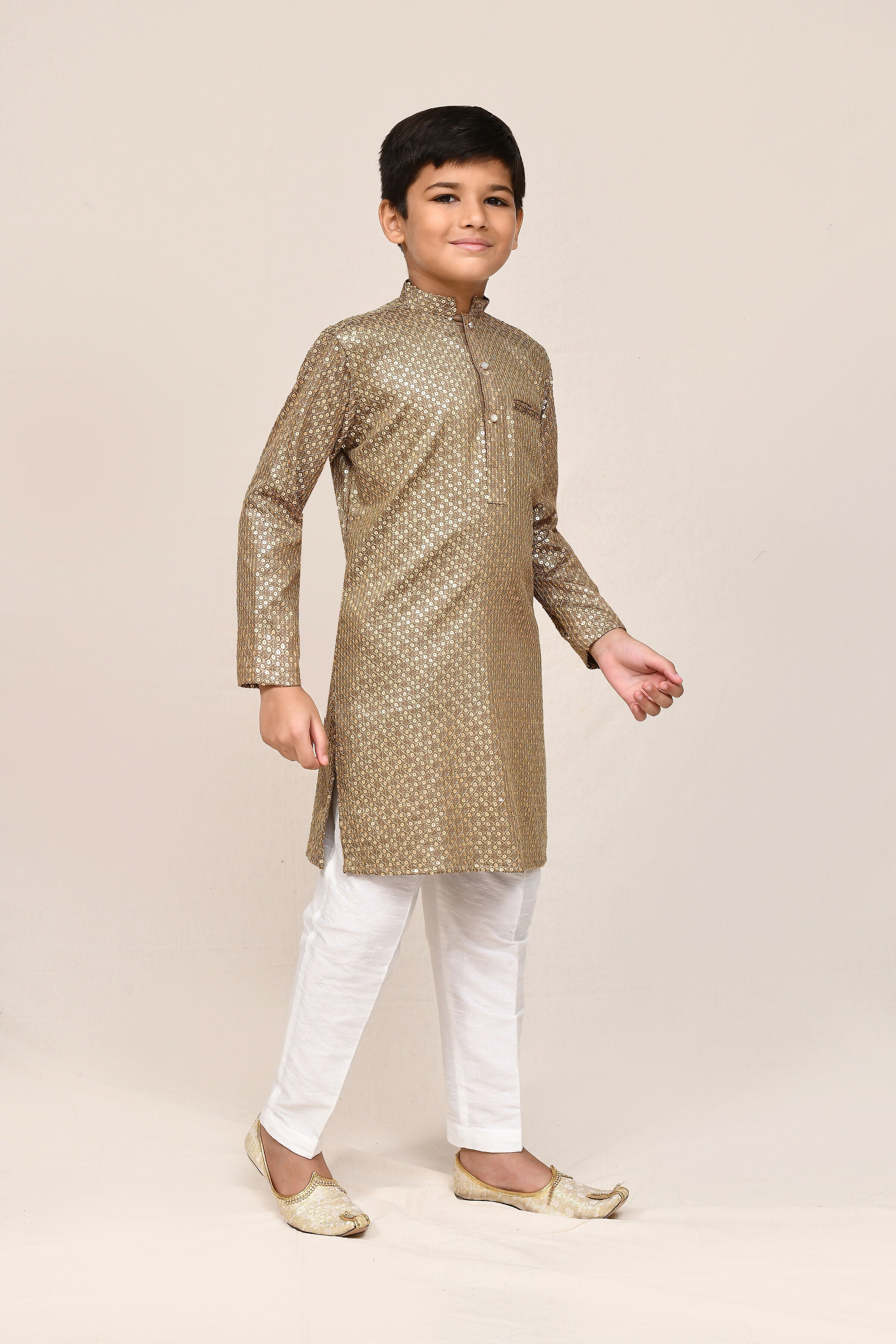 Gold satin cotton kurta with white straight fit art silk pant