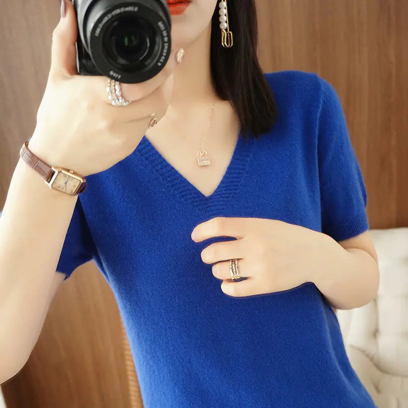 Women's Short Sleeve V-Neck Knit Sweater in Beige - Image 10