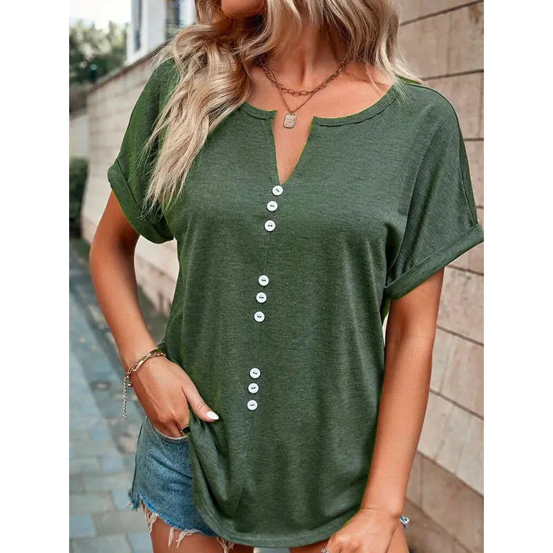 Women's V-Neck Short Sleeve Button-Down Casual Summer Blouse