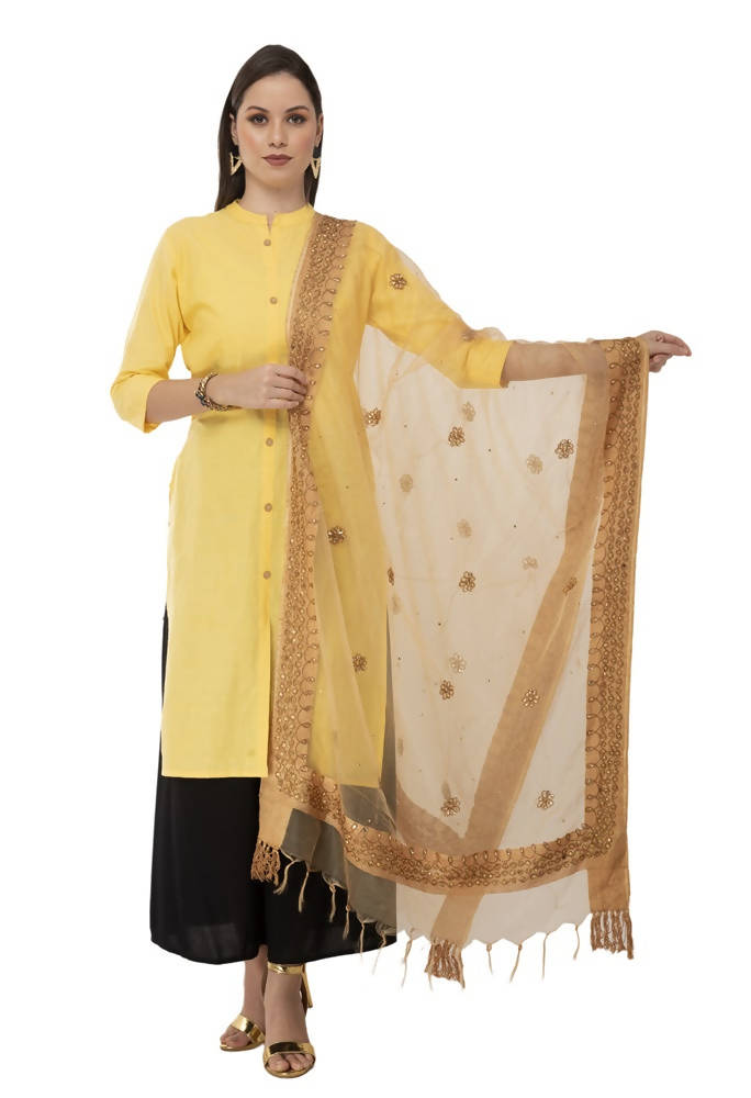 Golden chiffon dupatta featuring delicate nug embroidery for a festive ethnic look